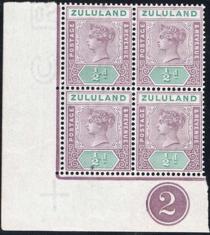 ZULULAND 1894-6 SACC16 ½d MAUVE & GREEN  CORNER CONTROL BLOCK OF FOUR(#1)  UM - RARE MULTIPLE