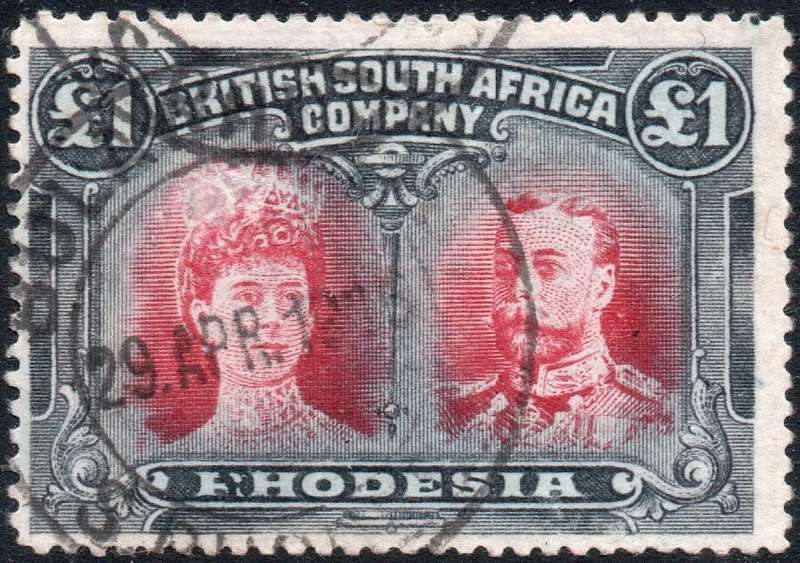 RHODESIA 1910-13 SG179 £1 RED & BLACK - PERF 15 - VFU - CV £3250(2017)