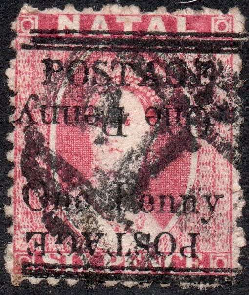 NATAL 1877 SACC92c 1d on 6d ROSE -SURCHARGED DOUBLE, ONE INVERTED - FINE USED - CV R4500