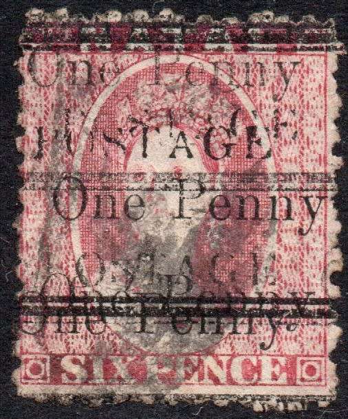 NATAL 1877 SACC92d 1d on 6d ROSE -SURCHARGED FOUR TIMES - FINE USED  - CV R6500