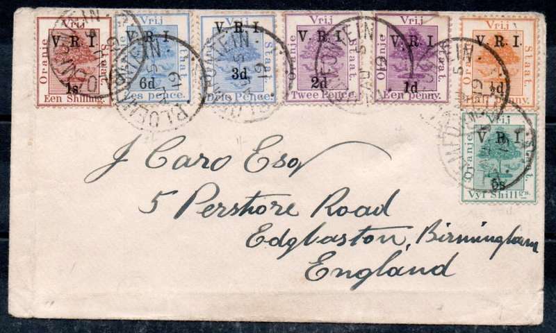 OFS MULTICOLOUED COVER BLOEMFONTEIN TO ENGLAND, THE 5/- WITH ``SHORT TOP TO 5/-`` VARIETY -SEE BELOW