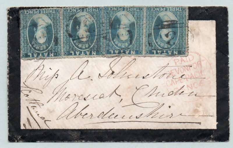 NATAL 1866 MOURNING COVER NATAL TO SCOTLAND TIED WITH 4 X 3d BLUE(SACC11) - RARE