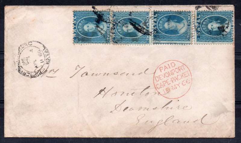 NATAL 1866 COVER NATAL TO HONITON ENGLAND TIED WITH 4 X 3d BLUE(SACC9) - RARE