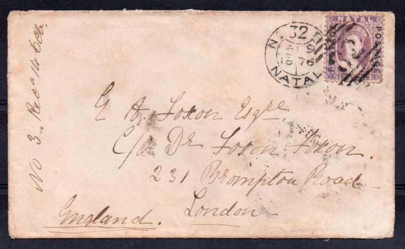 NATAL 1876 COVER NATAL TO LONDON ENGLAND TIED WITH 6d LILAC MAUVE(SACC67) - SCARCE