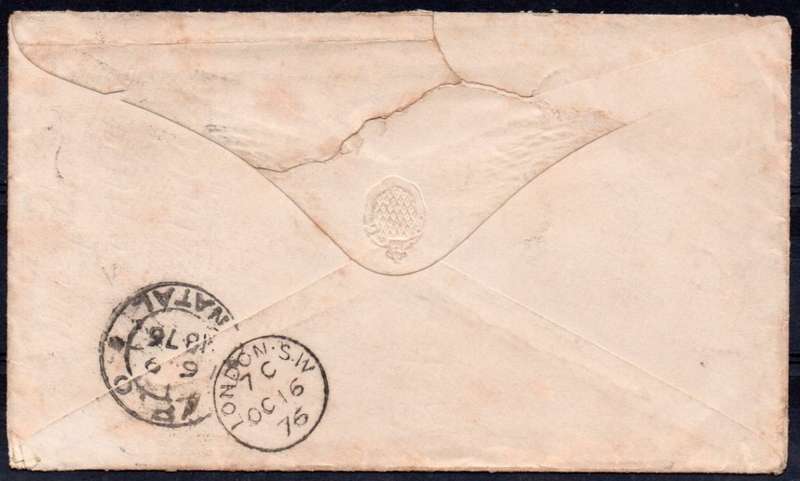 NATAL 1876 COVER NATAL TO LONDON ENGLAND TIED WITH 6d LILAC MAUVE(SACC67) - SCARCE