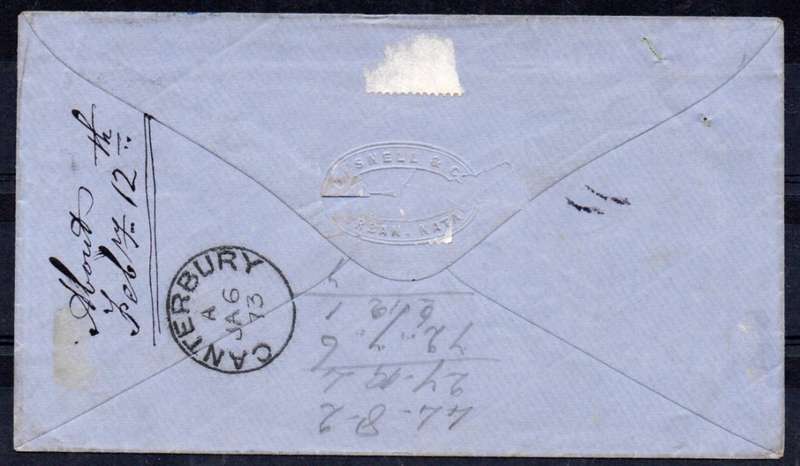 NATAL 1872-3 COVER NATAL TO CANTERBURY ENGLAND TIED WITH 1/- GREEN(O/P IN GREEN)(SACC64)