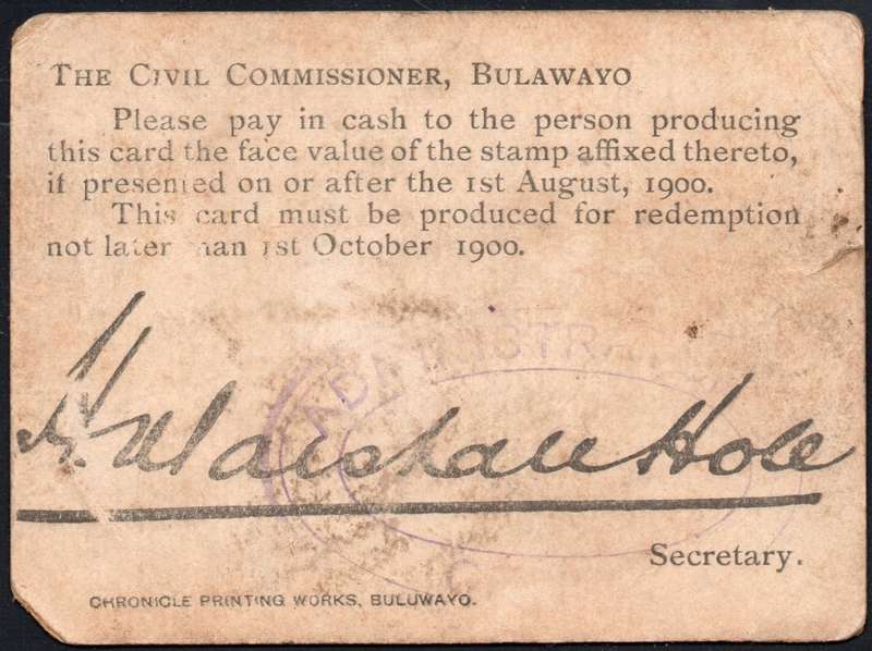B.S.A.C. / RHODESIA 1900 MARSHALL HOLE CURRENCY CARD WITH 2/- INDIGO & GREEN/BUFF - SEE SCANS