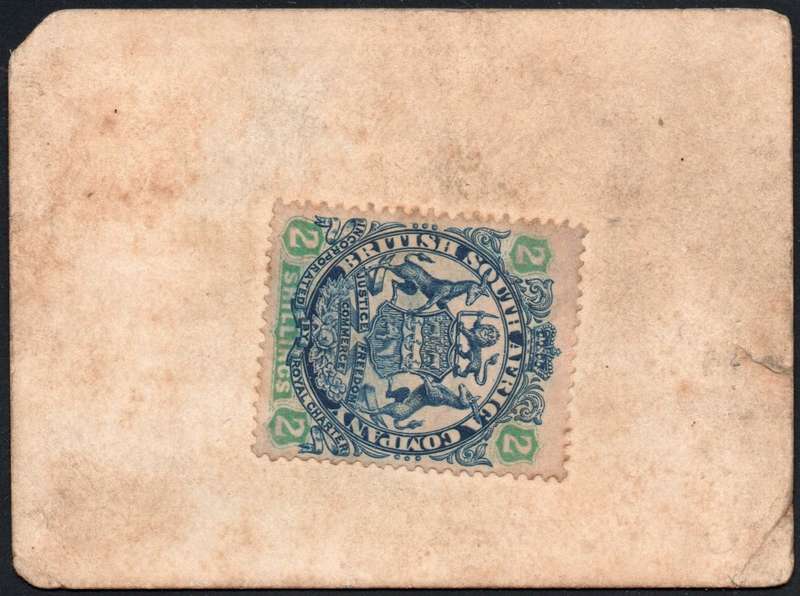 B.S.A.C. / RHODESIA 1900 MARSHALL HOLE CURRENCY CARD WITH 2/- INDIGO & GREEN/BUFF - SEE SCANS