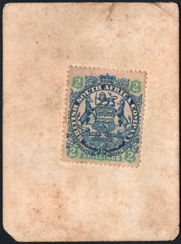 B.S.A.C. / RHODESIA 1900 MARSHALL HOLE CURRENCY CARD WITH 2/- INDIGO & GREEN/BUFF - SEE SCANS