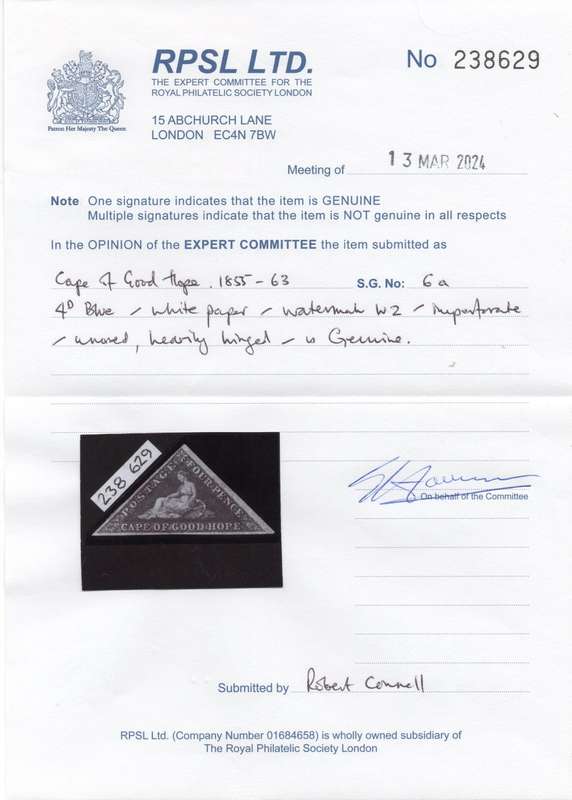 Cape of Good Hope SACC6a  4d BLUE - VERY FINE MM - RPSL CERTIFICATE - CV R27000