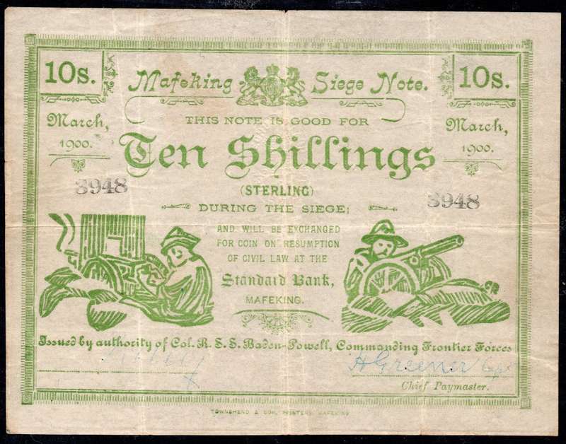 MAFEKING 1900 - 10/- SIEGE NOTE(# 3948) - VERY FINE CONDITION - SEE SCANS