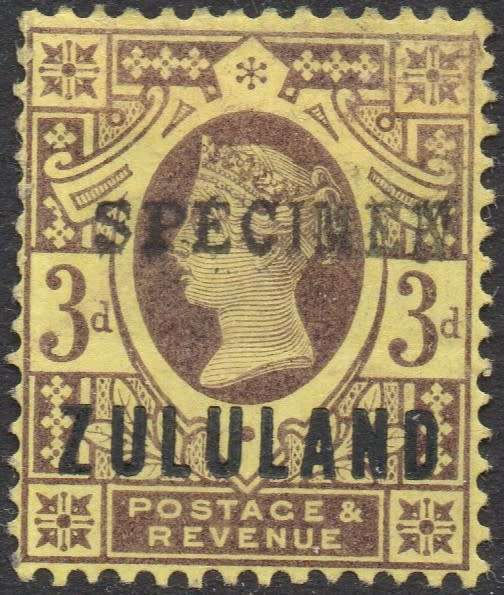 ZULULAND 1888 SACC5s 3d PURPLE ON YELLOW PAPER ``SPECIMEN``MM  CV R1500