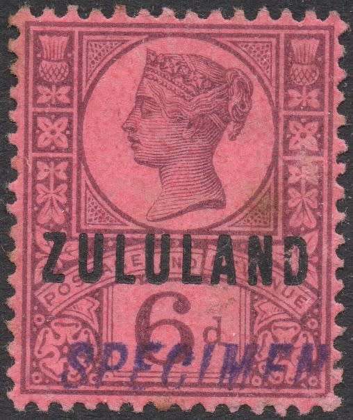 ZULULAND 1888 SACC8s 6d PURPLE ON ROSE-RED PAPER ``SPECIMEN``