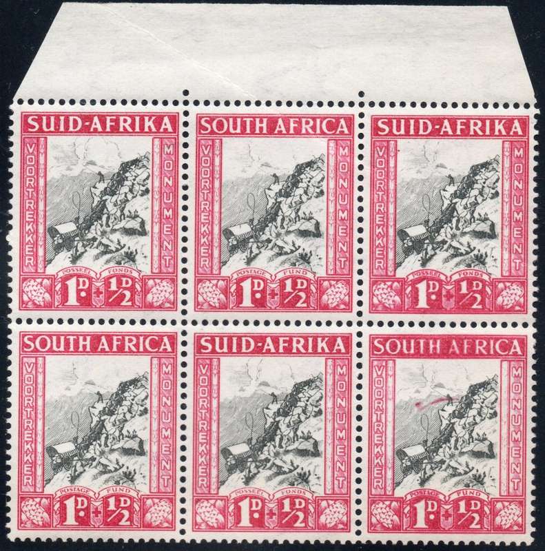 Union of SA :1933 SACC52a 1d + ½d GREYISH BLACK & PINK MARGINAL BO6 WITH ``COMET FLAW`` UM CV R2800+