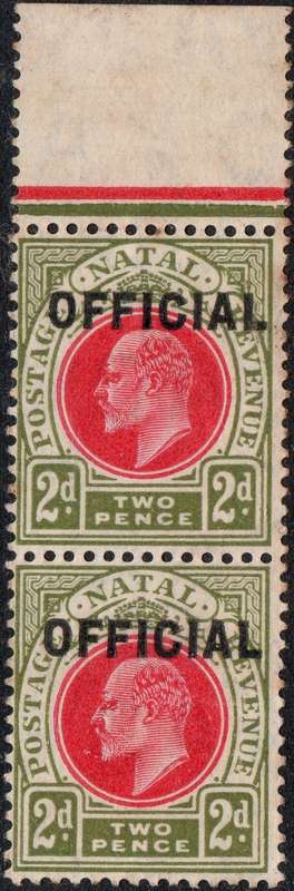 NATAL : 1904 : OFFICIAL STAMPS : SACC3 - 2d RED & OLIVE GREEN MARIGINAL PAIR - UM CV R4600