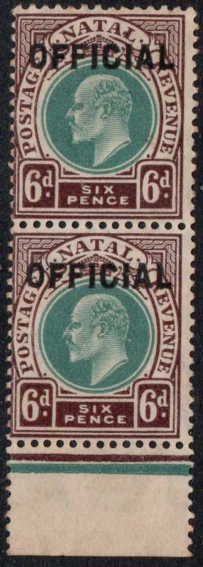NATAL : 1904 : OFFICIAL STAMPS : SACC5 - 6d GREEN & PURPLE-BROWN  MARIGINAL PAIR - UM CV R8000