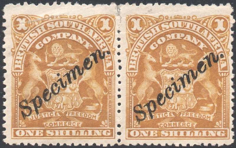 BSAC / Rhodesia : 1/- BISTRE``SPECIMEN`` PAIR  - UM - SEE BELOW