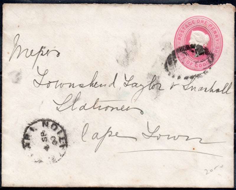 CAPE OF GOOD HOPE 1900 : 1d PINK EMBOSSED POSTAL STATIONERY ENVELOPE TO CAPE TOWN - SEE BELOW