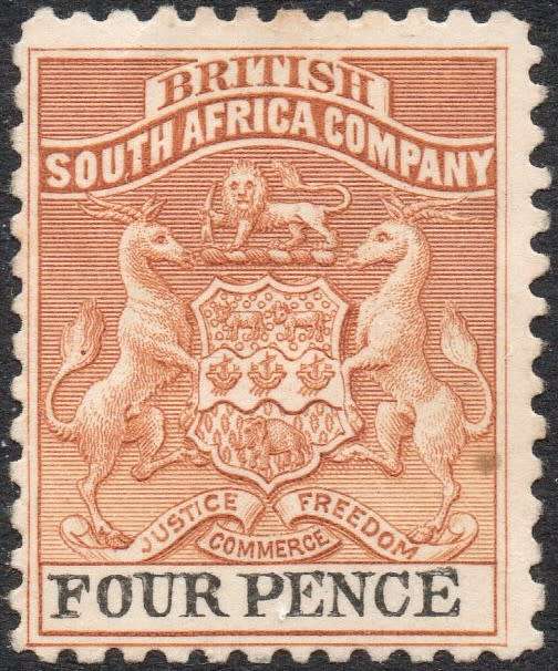 BSAC / RHODESIA 1895 SACC28 4d YELLOW-BROWN & BLACK UM/MM - PERF 12½