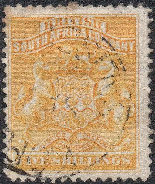 BSAC / Rhodesia 1892 SACC8  5/- ORANGE-YELLOW -  VFU CV R1700