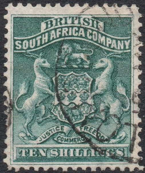 BSAC / Rhodesia 1892 SACC9  10/- DEEP GREEN -  VFU CV R3000