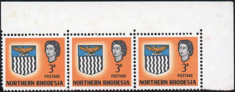 Northern Rhodesia 1963 SG78(var) 3d Yellow Corner Marginal strip of 3 with missing perf holes - *UM*