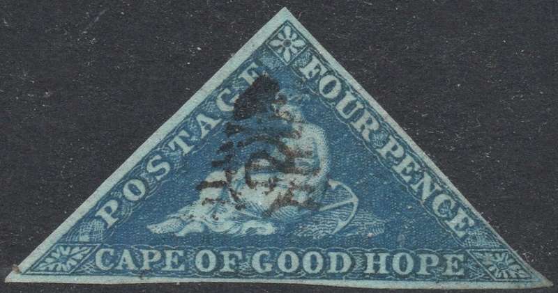 CAPE OF GOOD HOPE 1853 SACC4 - 4d DEEP BLUE ON SLIGHTLY BLUED PAPER - VFU - CV R3500