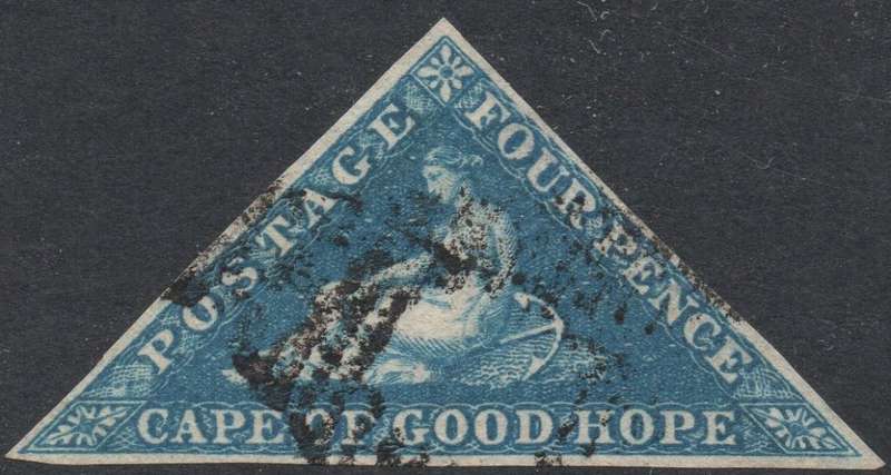 CAPE OF GOOD HOPE 1853 SACC4a - 4d BLUE ON SLIGHTLY BLUED PAPER - VFU - CV R3500