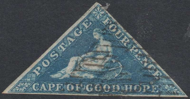 CAPE OF GOOD HOPE 1853 SACC2 - 4d BLUE ON DEEPLY BLUED PAPER - VFU - CV R5500+