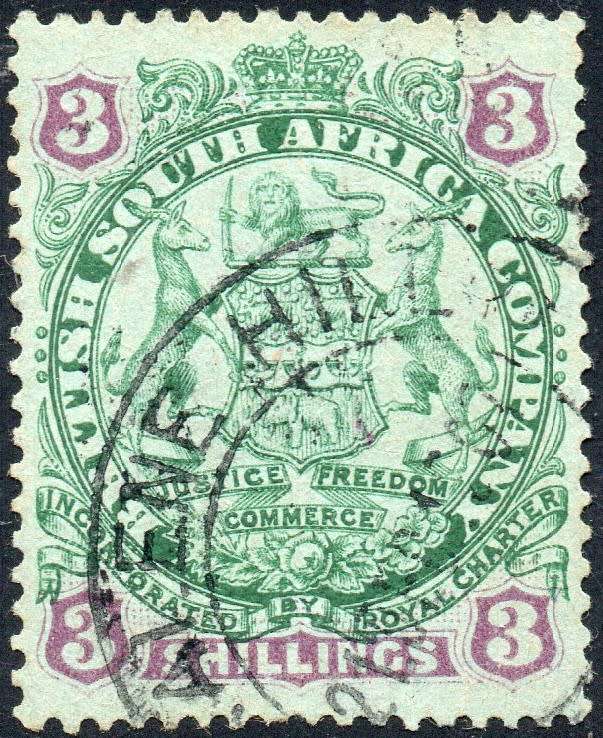 B.S.A.C/Rhodesia  : SG36 3/- Green & Mauve/Blue -  VFU CV £42(2017)