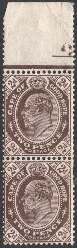 CAPE OF GOOD HOPE : 1902 SACC67 2d BROWN VERTICAL MARGINAL PAIR - UM -  CV R1600