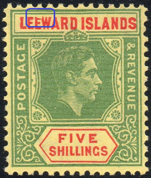 Leeward Islands 1938 KGVI SG112ba 5/- GREEN and RED WITH BROKEN `E` - LMM - SCARCE - CV £1200