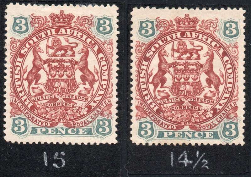 B.S.A.C. / RHODESIA 1897 : SACC61 3d - TWO SINGLES , PERF 15 & PERF 14½ - SEE SCANS - CV R600