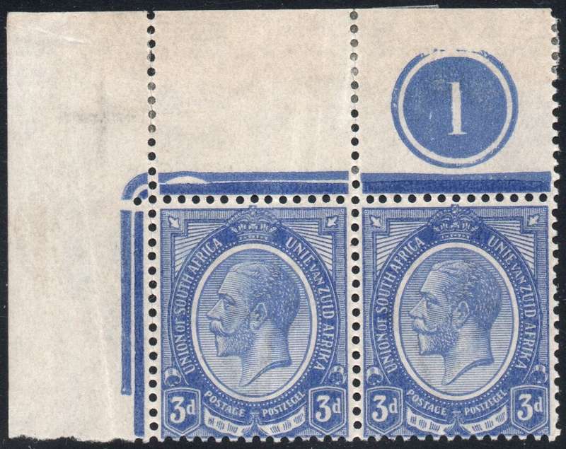 Union of SA - 1913 SACC8(var) 3d ULTRAMARINE CORNER CONTROL MARGINAL PAIR CV R1500