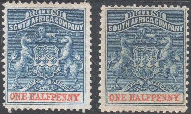 BSAC / RHODESIA 1892-4 SACC18/19 ½d DULL & DEEP BLUE / VERMILLION (BOTH SHADES) MM CV R230