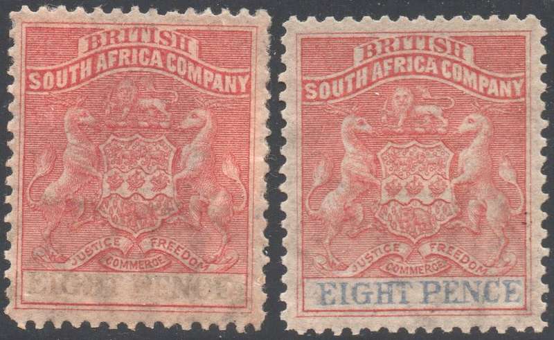 BSAC / RHODESIA 1892-4 SACC23/24 8d ROSE LAKE & RED/ ULTRAMARINE (BOTH SHADES) MM CV R900