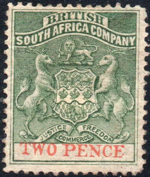 BSAC / RHODESIA 1892-4 SACC20 2d SEA GREEN & VERMILLION - MM CV R700