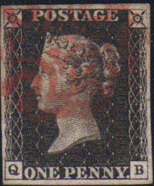 Great Britain 1840 1d Black "QB" VFU 4 Margins Red MX