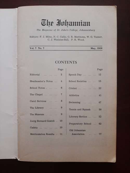 The Johannian: Diamond Jubilee - The Magazine of St John`s College, Johannesburg Vol 7, No. 7, /1958