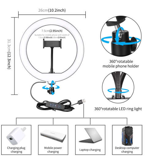 10inch LED Ring Light Photography Selfie Ring Lighting with Tripod Stand for Smartphone Youtube
