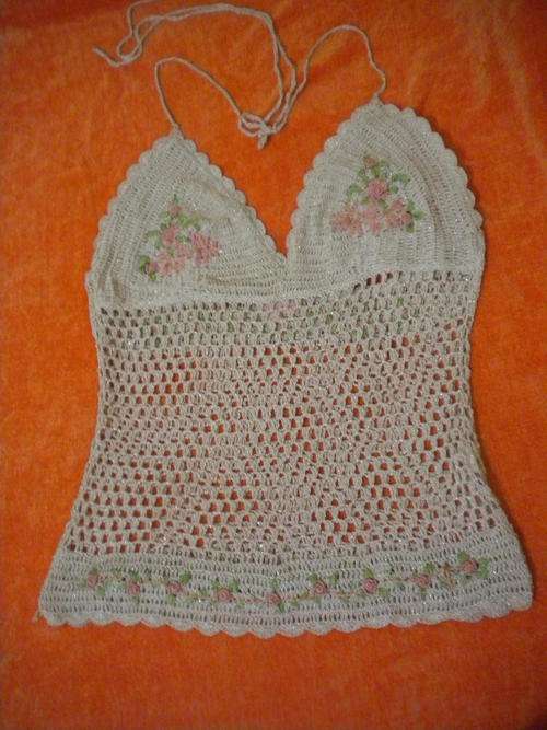 Very feminine Crocheted dark cream with golden thread and embroidered roses top