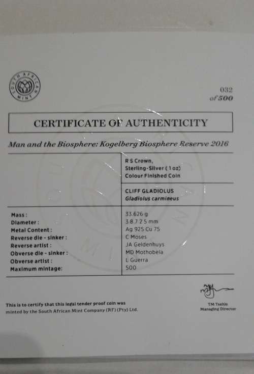2016 SILVER COLOR R5 - CLIFF GLADIOLUS - COA No. 032