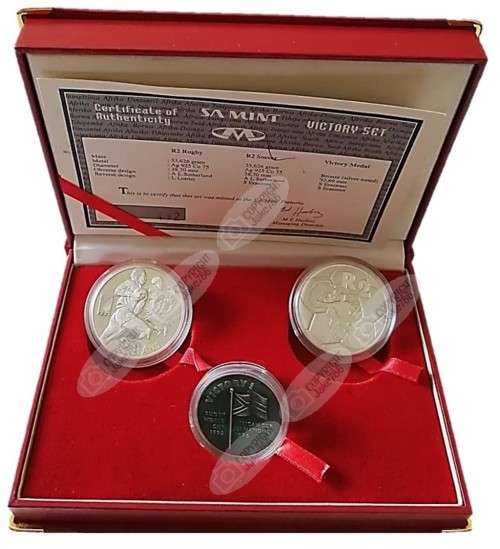 1995/1996 SILVER PROOF VICTORY SET - RUGBY & SOCCER - WITH MEDALLION - MINTAGE OF 500