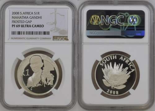 PF69 UC - 2008 Silver Proof Protea R1 - Gandhi *** Rare Frosted Gap Variety