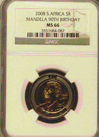 MS66 - NGC Slabbed 2008 Mandela R5 Coin - Awesome High Grade - YES NGC