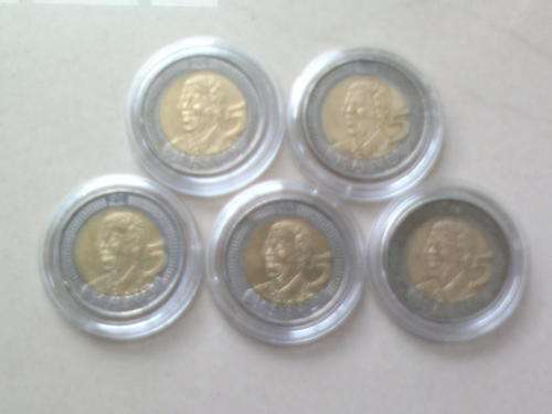 5 ENCAPSULATED CIRCULATED MANDELA 2008 BIRTHDAY R5 COINS