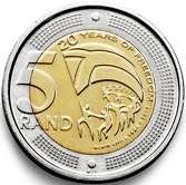 UNC 2014 20 YEARS OF DEMOCRACY R5 COINS - HARDLY SEEN