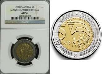 NEW ******* 2014 20 YEARS OF FREEDOM R5 & AU58 2008 MANDELA 90th BDAY NGC GRADED COIN
