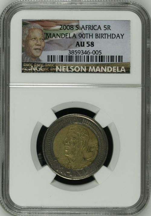 NEW COLOR LABEL 2008 MANDELA BIRTHDAY R5 - AU58 - NGC