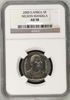 THE RARE 2000 MANDELA SMILY R5 - AU58 - IN NGC GRADED SLAB